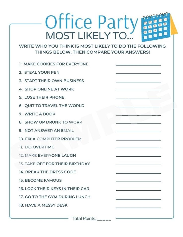 a printable office party game with the words,'most likely to do '