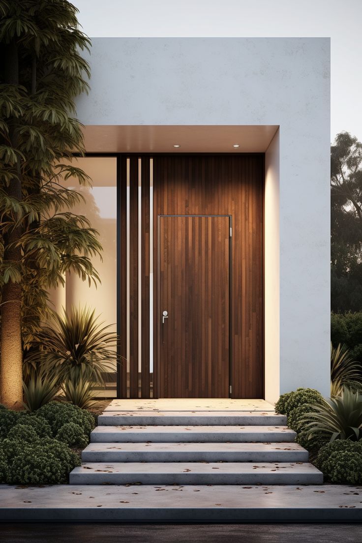 an entrance with steps leading up to the front door and trees in the foreground