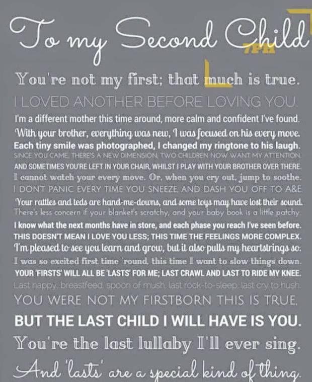 a poem written in white and yellow with the words to my second child on it