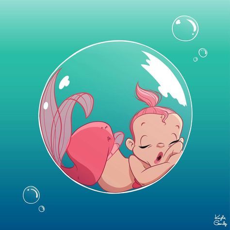 a baby is sleeping in a bubble with bubbles around it and an image of a fish