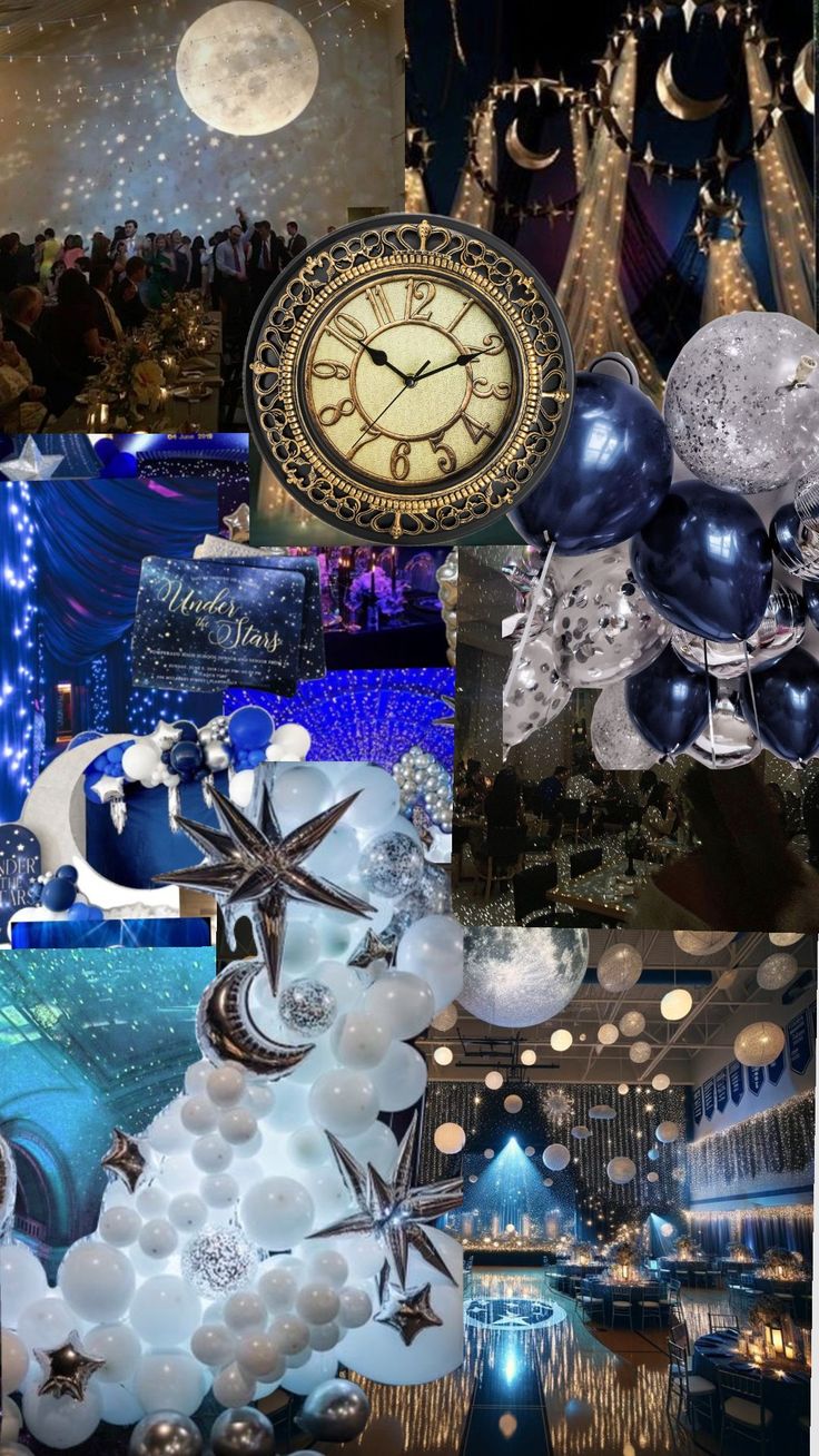 a collage of photos with balloons, clocks and other things in the background at night