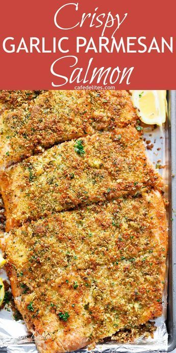 crispy garlic parmesan salmon with lemons on the side