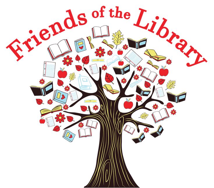 the logo for friends of the library, with books falling from a tree and an apple