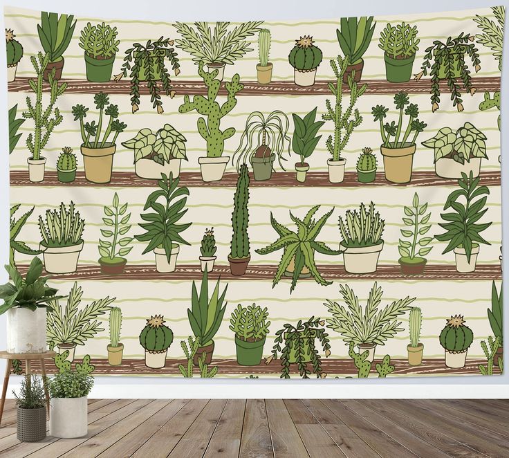 many potted plants are arranged on the shelves in front of a wallpapered background