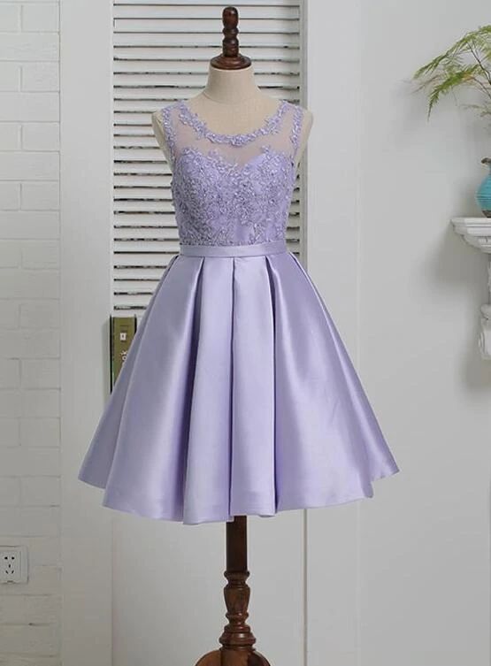 Lavender A-line Wedding Dress, Purple A-line Evening Dress For Bridesmaids, Lavender Dresses For Prom Season, Purple A-line Wedding Evening Dress, Lavender A-line Prom Dress, Lavender Fitted Bodice Dress For Prom, Purple Knee-length Prom Dress, Lavender Dress For Wedding And Prom Season, Purple Fitted Bridesmaid Dress For Wedding