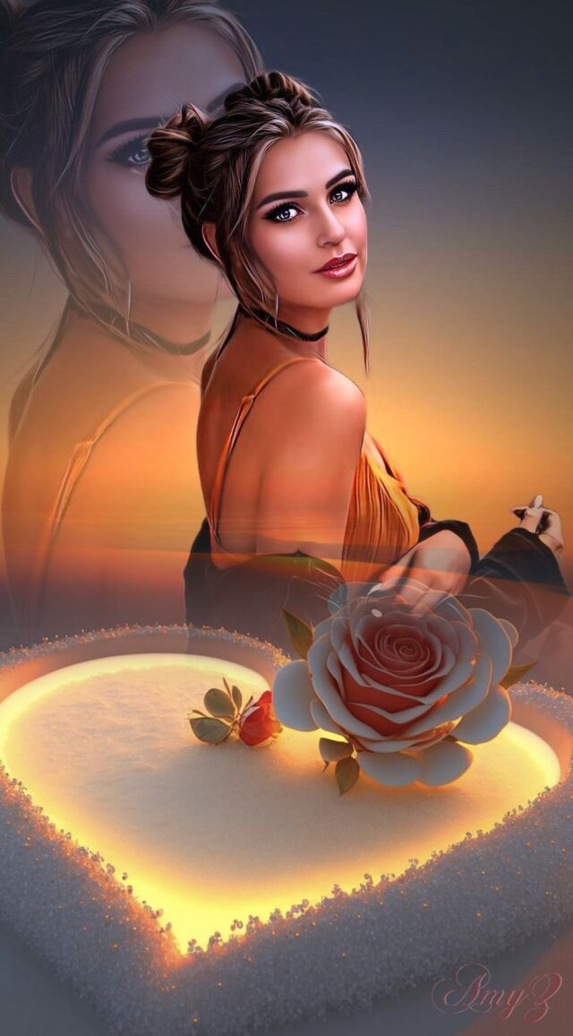 a digital painting of a woman with a rose in her hand next to a heart shaped cake