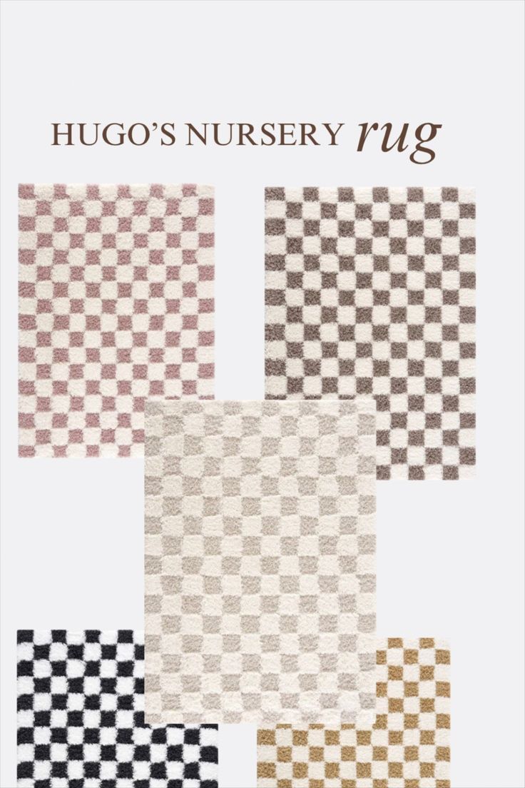 four rugs in different colors and patterns with the words hug's nursery rug