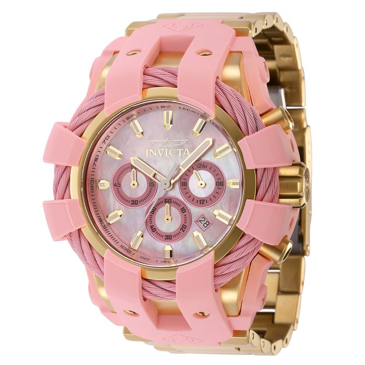 This incredible Invicta watch from the Bolt collection offers an exact Quartz movement, with an incredible pink, gold case. The face displays a gold, pink, oyster, mother of pearl, metal dial protected by our proprietary Mineral Crystal. The design is completed by a gold, band. This timepiece can resist water for up to 200 m. With sharpness in attitude and ability, the Invicta Bolt is a mastermind of dominance. Perfectly synchronized movements, complex casing engineering and signature rope jewel Luxury Pink Watches With Subdials, Pink Chronograph Watch For Formal Occasions, Luxury Pink Watch Accessories With Round Dial, Luxury Pink Round Dial Watch Accessories, Pink Chronograph Watch As Gift, Pink Chronograph Watch For Gift, Pink Watches With Subdials As A Gift, Pink Watch With Subdials As Gift, Luxury Pink Analog Watch