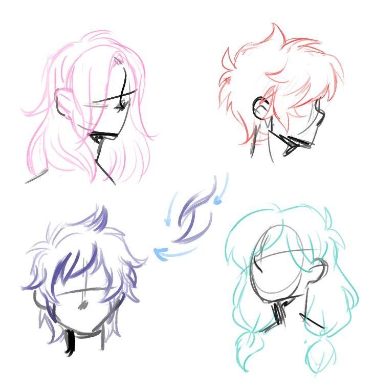 four different colored hair styles with one being drawn