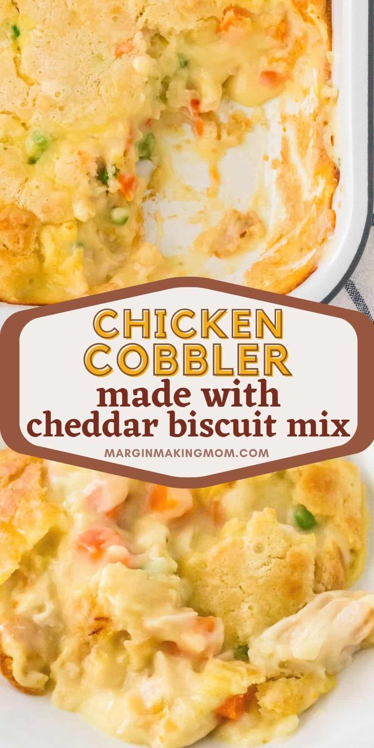 chicken cobbler made with cheddar biscuit mix in a casserole dish