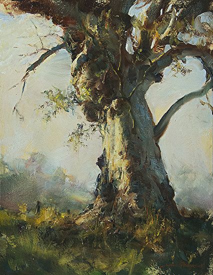 an oil painting of a tree in a field