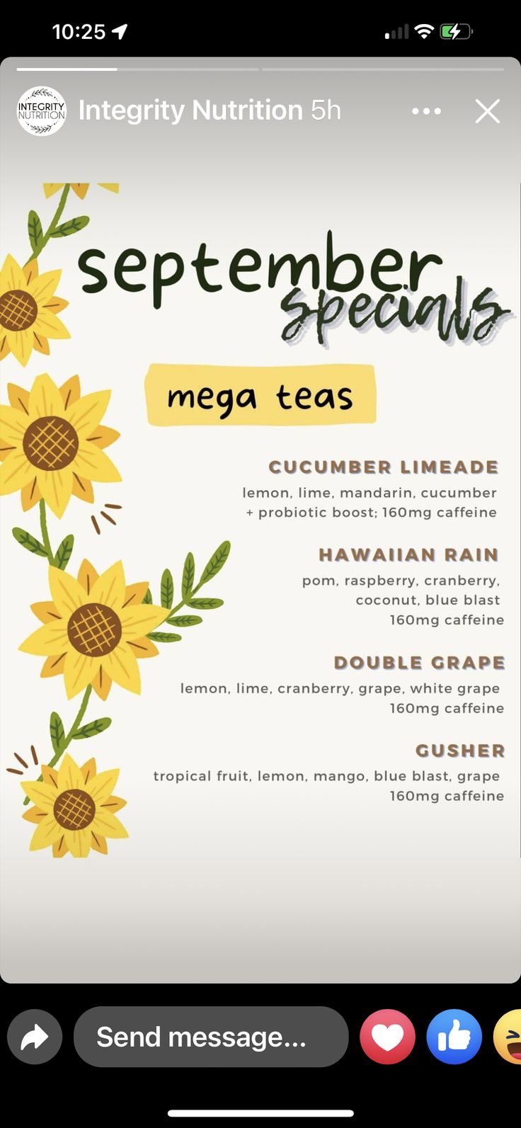 a menu with sunflowers on it and the words,'september specials mega teas '