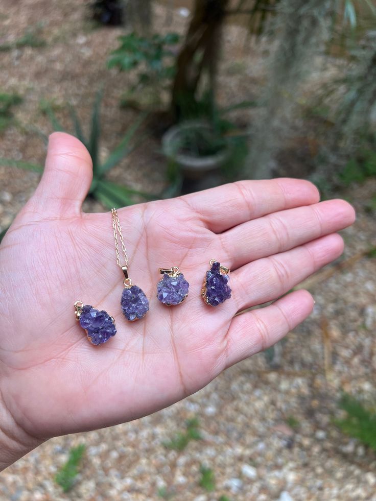 Gold Amethyst Necklace, Amethyst Jewelry, Druzy Necklace, Raw Crystal Necklace, Gold Amethyst Druzy, Gold Amethyst Druze, Raw Amethyst Handmade with a one-of-a-kind, real amethyst druzy crystal of your choosing, each pendant is gold-plated to highlight the rich, yet delicate shades of purple in the amethyst druzy.  Bring some healing and tranquility to your life with this beautiful amethyst necklace. Amethyst is a protective stone that helps to relieve stress and anxiety in your life, and the sy Necklace Amethyst, Raw Crystal Necklace, Druzy Necklace, Druzy Crystal, Raw Amethyst, Amethyst Jewelry, Amethyst Necklace, Raw Crystal, Shades Of Purple