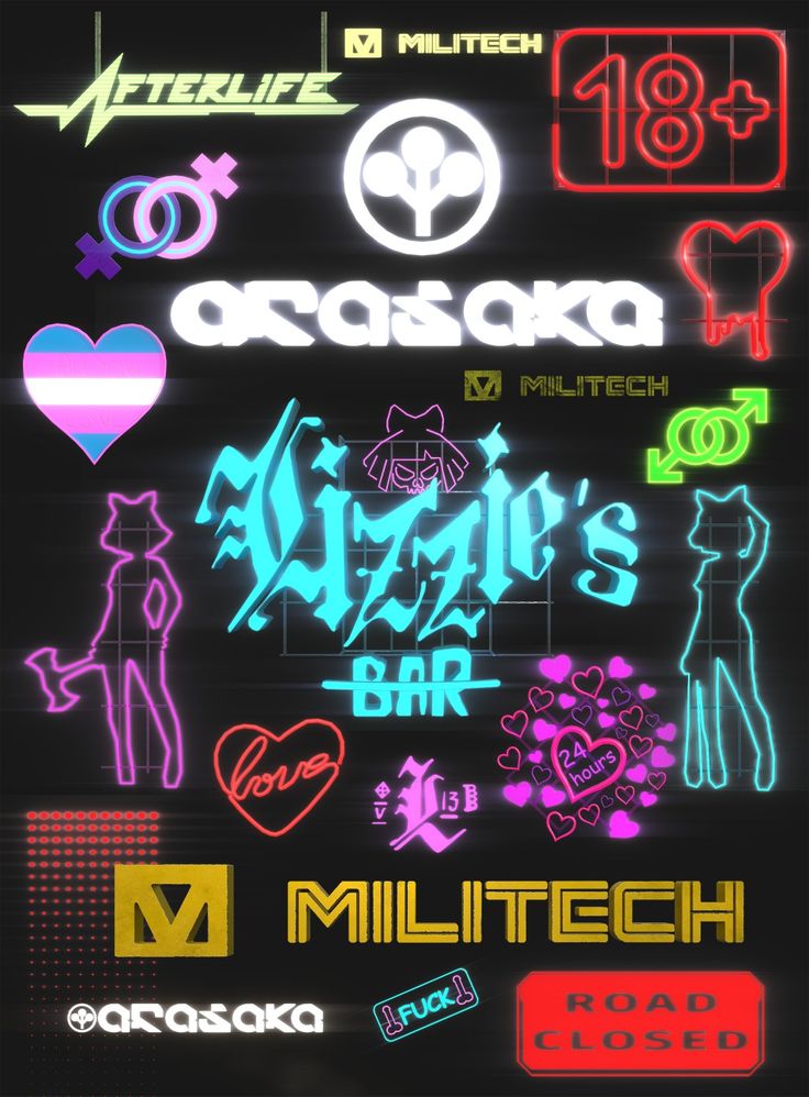 various neon signs are displayed on a black background with the words, and symbols in different colors