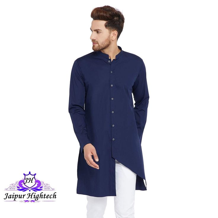 "We bring to you this pure cotton asymmetric wedding party wear kurta- long shirt for men. This full size designer kurta has stylish mandarin collar neckline and graceful trail cut with sleeves.  This beautiful kurta-tunic is made of cotton fabric so it will be comfortable and stylish. Increase your wardrobe collection as you wear this versatile kurta from the house of Jaipur Hightech.  Give yourself a best ethnic look by wearing this traditional kurta made in India, this is Regular-Fit and Formal Kurta. This is light weight cotton material men's wear Sophisticated Kurta and it will be soft on your skin.    Team this with a pair of Mojris to give a classy touch to your ethnic look. This luxury gorgeous kurta is elegant design in Indian fashion style. This kurta has two side pockets.  Botto Long Shirt Men, Traditional Party Wear, Traditional Kurta, Designer Kurta, Indian Men, Cotton Wedding, Ethnic Looks, Indian Man, Traditional Indian Wedding