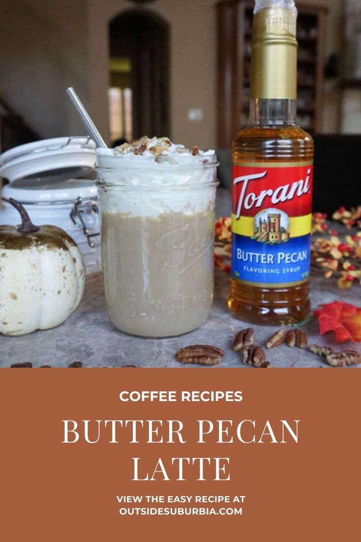 coffee recipe butter pecan latte in a mason jar with pumpkins on the side