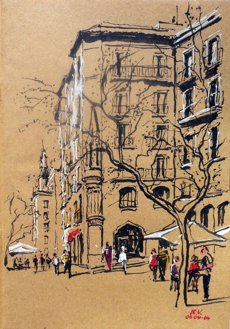 a drawing of people walking down the street in front of a building with many windows