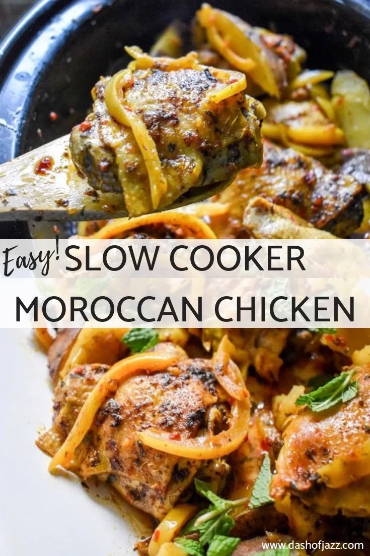 the easy slow cooker moroccan chicken recipe is ready to be eaten and served on a plate