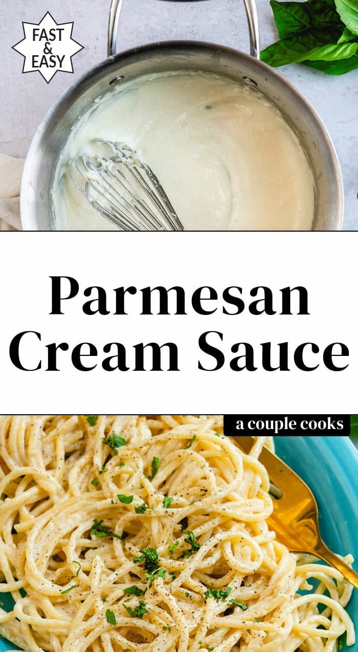 parmesan cream sauce on a blue plate with a fork and spoon next to it