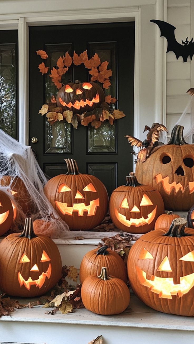 halloween pumpkins on the front steps of a house