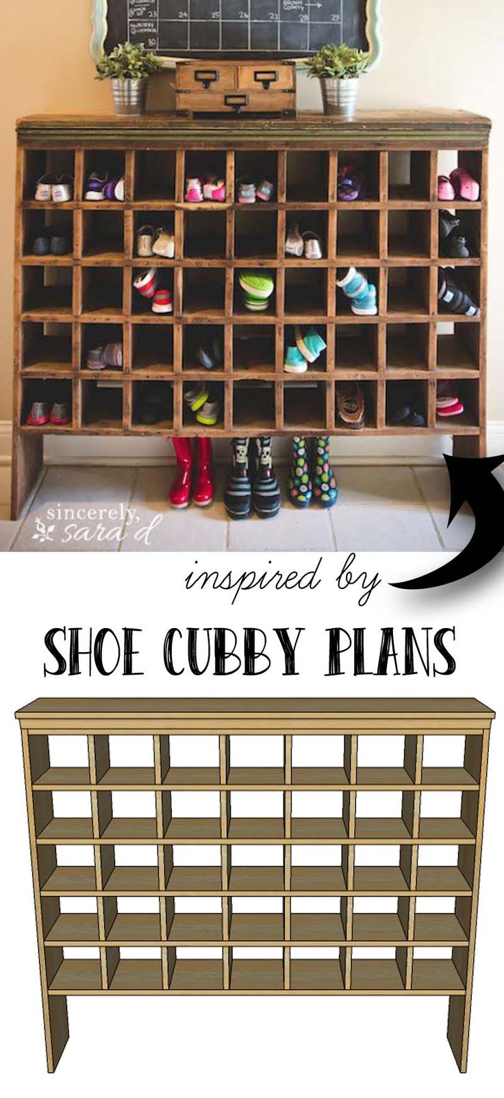 an old shoe cubby has been transformed into a shelf