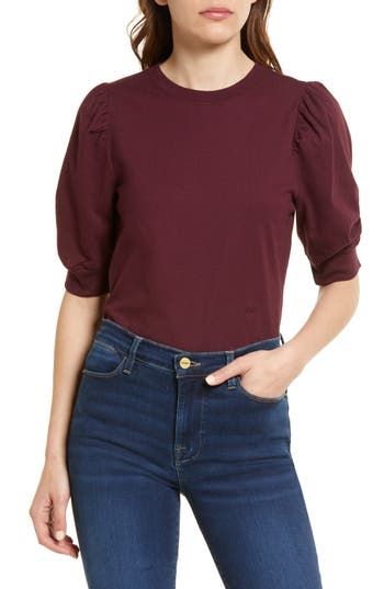 Puff sleeves add lavish volume to a classy cotton blouse rendered in a ruddy shade of cabernet red. 22 1/2" length (size Medium) Crewneck Elbow-length sleeves 100% organic cotton Dry clean or machine wash, dry flat Imported Linen Top Women, Blouse Nordstrom, Scoop Neck Tee, Cotton Blouse, Purple Fashion, Elbow Length Sleeve, Short Sleeved Sweaters, Frame Denim, Cotton Blouses