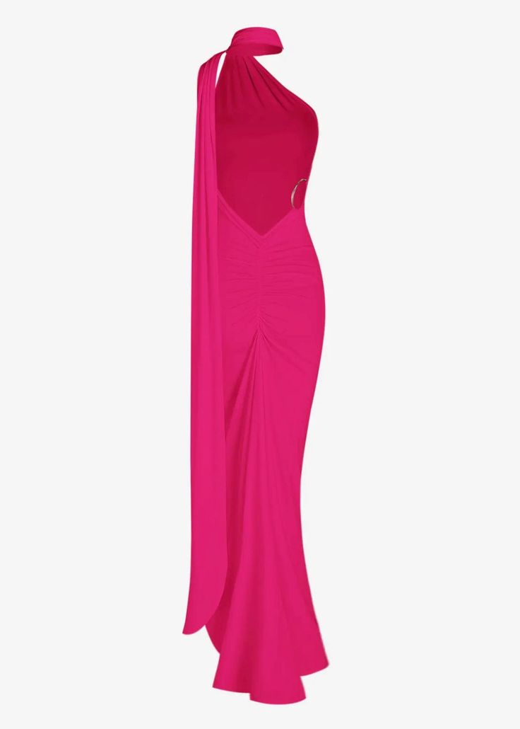 Made for moments of dramatic entrance, this maxi dress is crafted from luxuriant, lightweight fabric and comes with a breathtaking train and an o-ring detail that will turn heads. Feminine and elegant, its backless design and silhouette will make it a timeless piece in your wardrobe. Fit Type: Regular Fit Fabric: High Stretch Material: Polyester, Elastane Pre-draped Maxi Dress For Gala And Prom Season, Pre-draped Maxi Dress For Prom Evening, Ruched Maxi Dress For Evening, Ruched Evening Maxi Dress, Pre-draped Backless Evening Dress For Party, Pre-draped Evening Maxi Dress With Sweep Train, Backless Party Maxi Dress With Sweep Train, Backless Maxi Dress With Sweep Train For Party, Pre-draped Draped Maxi Dress For Evening