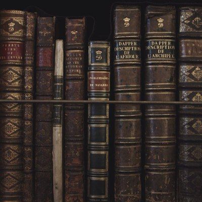 old books are lined up on a shelf