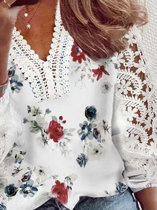 Casual V-neck Blouse With Lace Patchwork, Casual Non-stretch Blouse With Lace Patchwork, Casual Stretch Blouse With Lace Patchwork, Non-stretch Printed White Blouse, White Printed Non-stretch Blouse, White Non-stretch Floral Print Top, White Floral Print Non-stretch Top, White V-neck Top With Lace Patchwork, Long Dress Plus Size