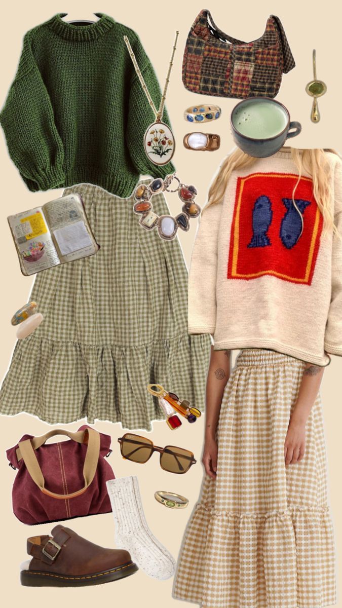 #autumn #gingham #skirts #sweater #jewelry #vintage #collage Sweater Jewelry, Eclectic Outfits, Earthy Outfits, Outfit Collage, Vintage Collage, Mode Inspo, 가을 패션, Outfit Inspo Fall, Mode Inspiration