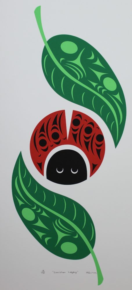 an image of a red and green leaf with a black face on it's side