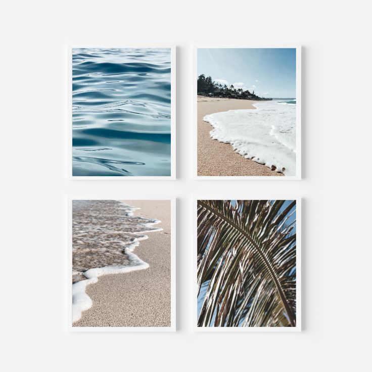 four pictures of the ocean and beach with waves coming in from the water, palm trees on the sand