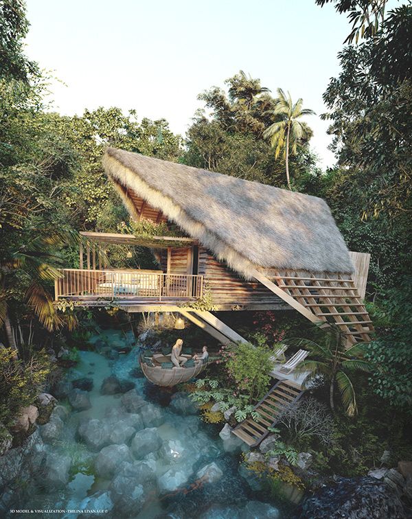 an aerial view of a house in the jungle with a river running through it and two people sitting on their rafts