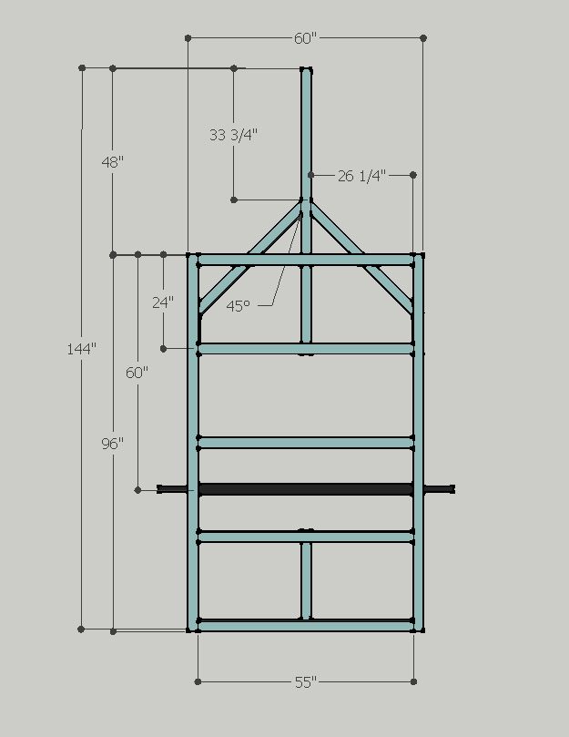 a drawing of a wooden structure with measurements for the roof and side walls, including two levels