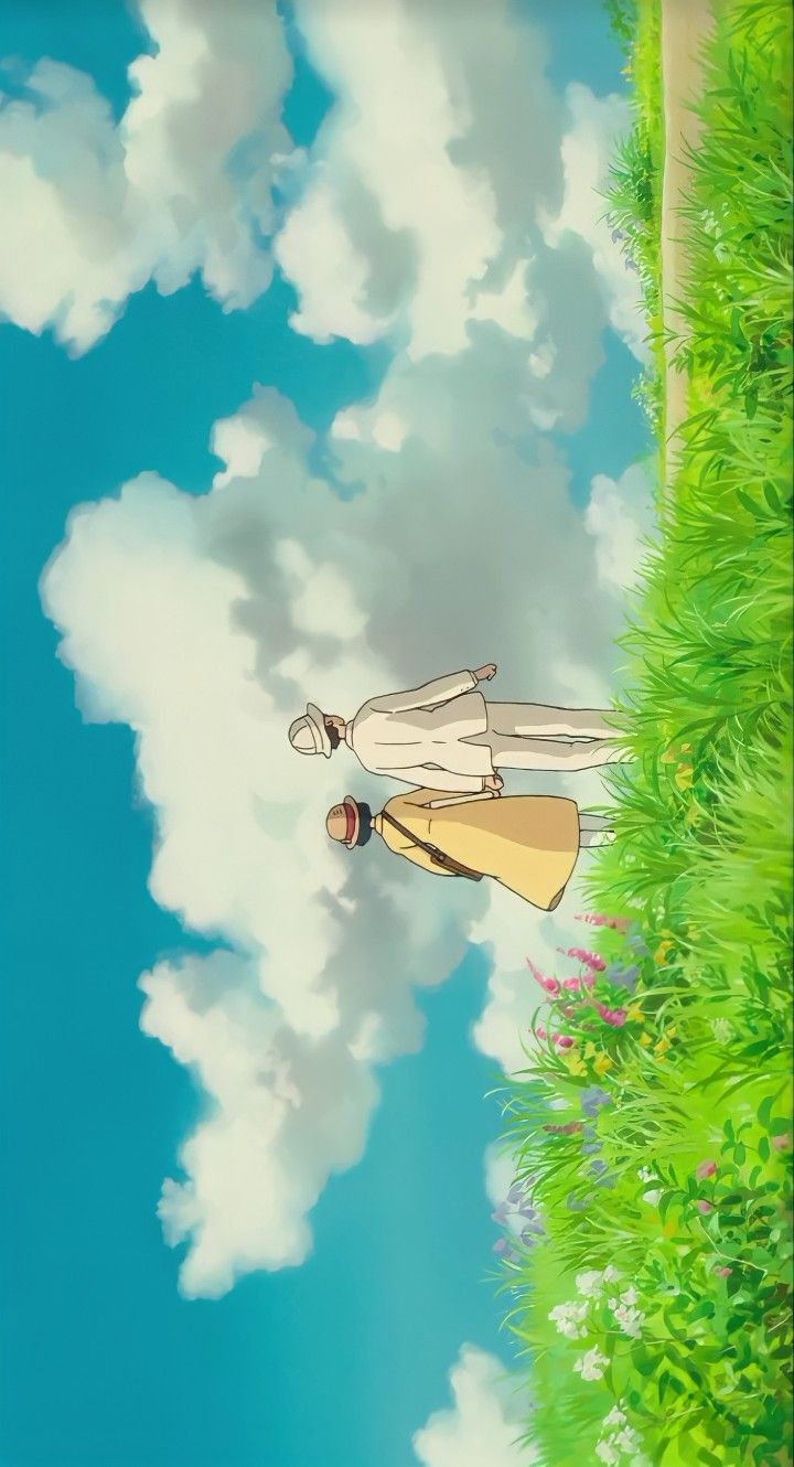 an anime character flying through the air with grass and clouds in the sky behind him