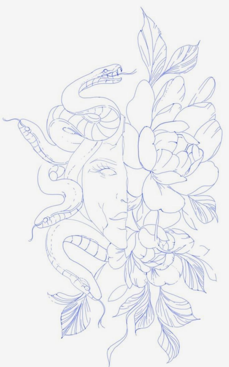 a drawing of a woman's face with flowers in her hair and snake around her neck