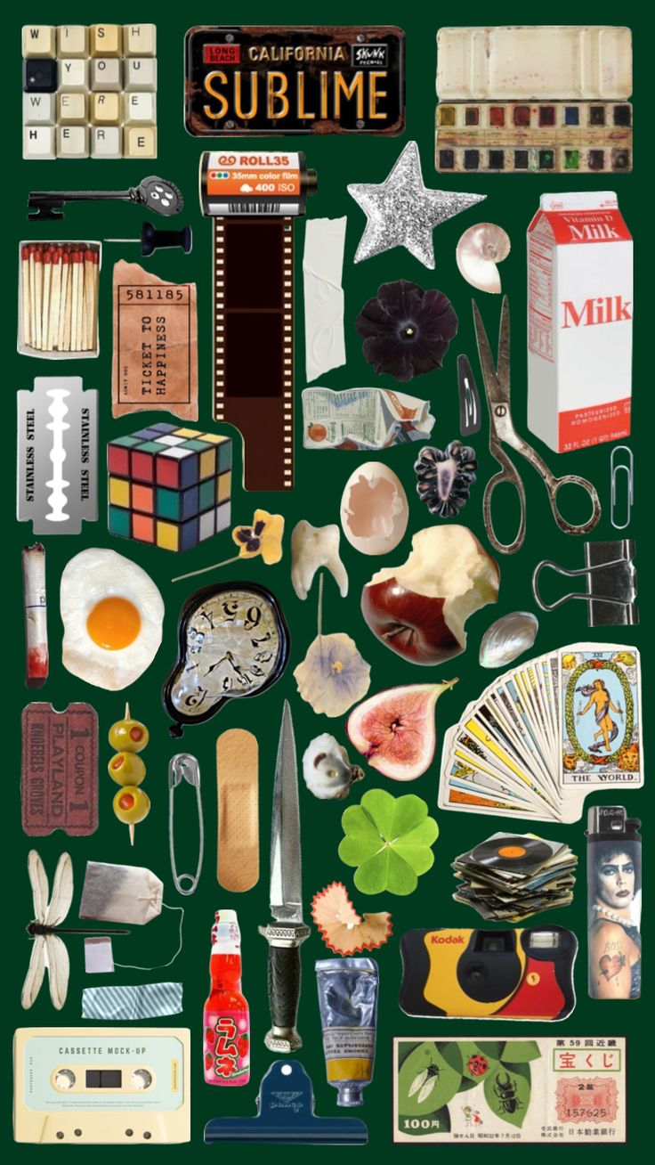 a collage of various items that include scissors, books and other things on a green background