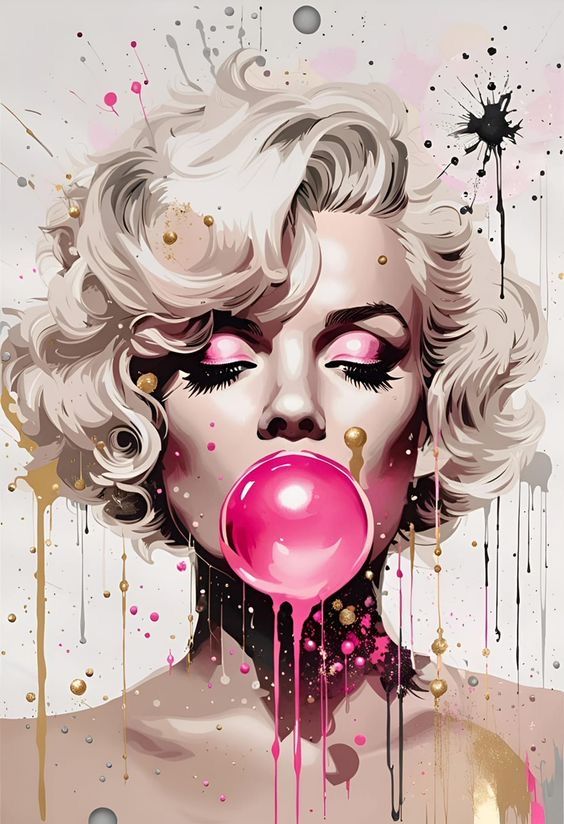 a painting of a woman with pink bubble coming out of her mouth