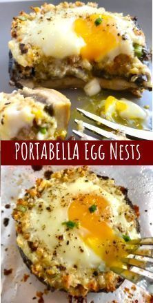 an egg nest is shown on top of a plate with a fork in it and the words portabella egg nests below