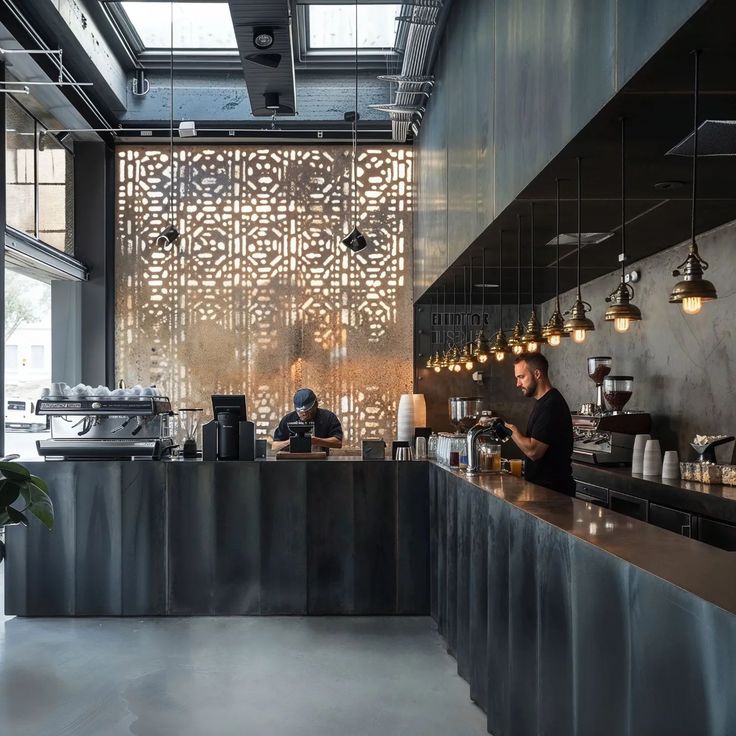 the interior of a coffee shop with large windows