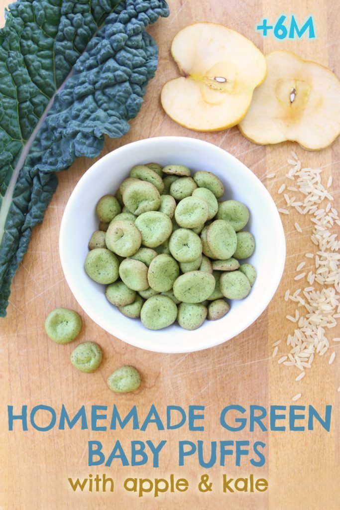 the cover of homemade green baby puffs with apple and kale