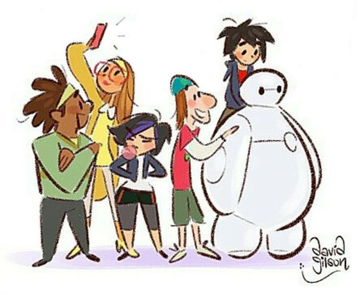 a group of people standing around a cartoon character