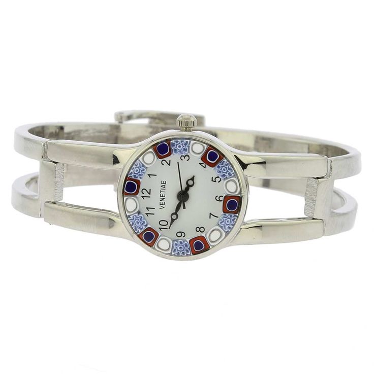 Murano Millefiori Watch with Metal Bracelet Elegant Multicolor Round Dial Watches, Multicolor Round Watches For Gift, Multicolor Round Watches As Gifts, Elegant Multicolor Watches For Gifts, Elegant Multicolor Watches As Gifts, Elegant Nickel-free Metal Watches, Elegant Nickel-free Watches As Gifts, Womens Bracelet, Murano Glass Jewelry