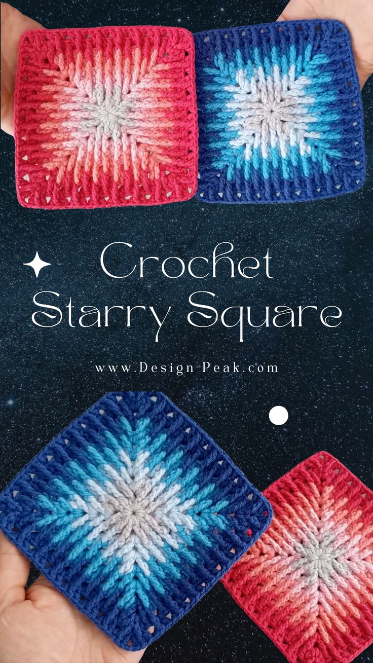 crochet stary squares in red, white and blue are featured on the cover of this book