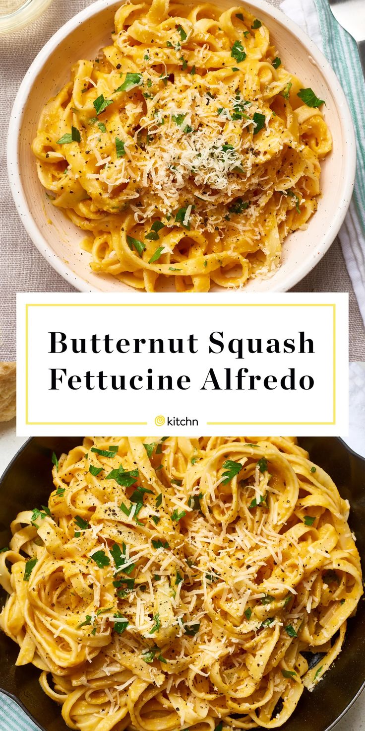 a plate of butternut squash fettuccine alfredo