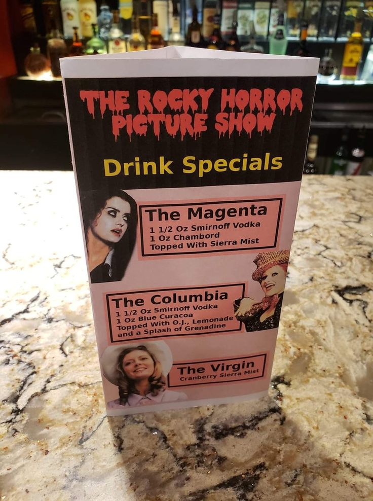 the rocky horror picture show drink specials are on display at the restaurant's bar