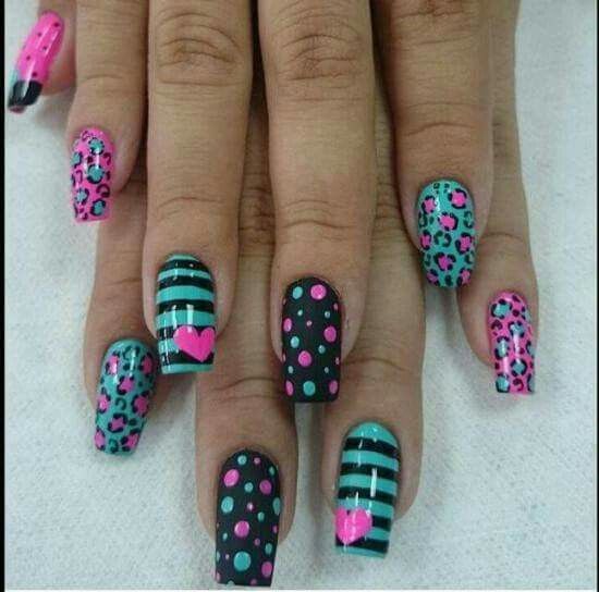 Hello Nail Design, Stripes And Polka Dots Nail Designs, Pin Stripe Nails, Bright Spring Nail Designs, Nails With Dots Design, Cute Fun Nails, Pink Animal Print Nails, Purple Nail Art Ideas, Animal Print Nail Designs