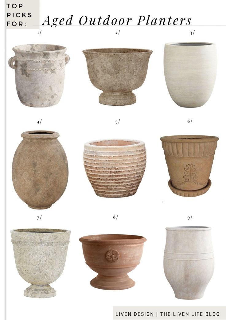 several different types of vases with the words aged outdoor planters written below them