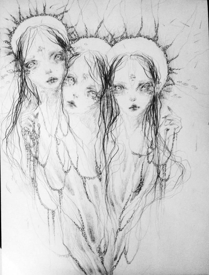 pencil drawing of three women with long hair