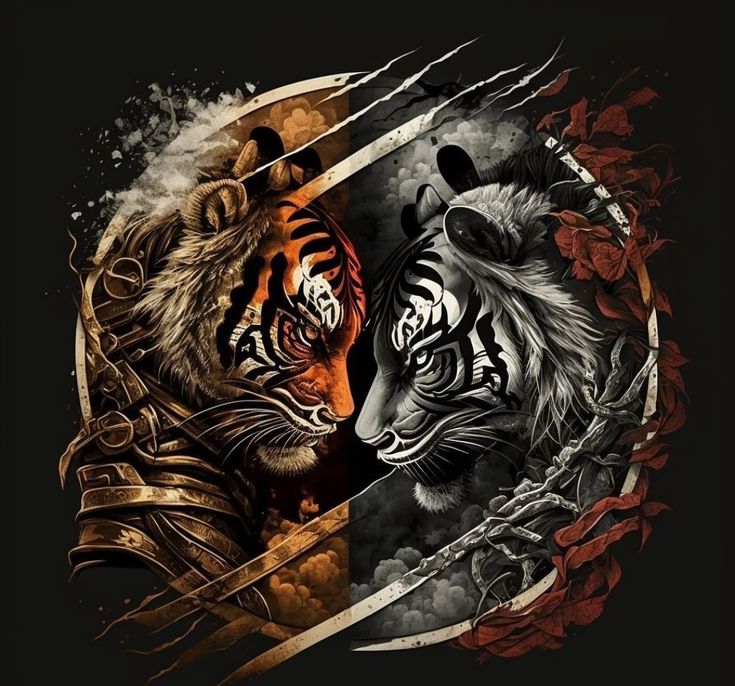 two tigers are facing each other with their faces painted in different colors and designs on them